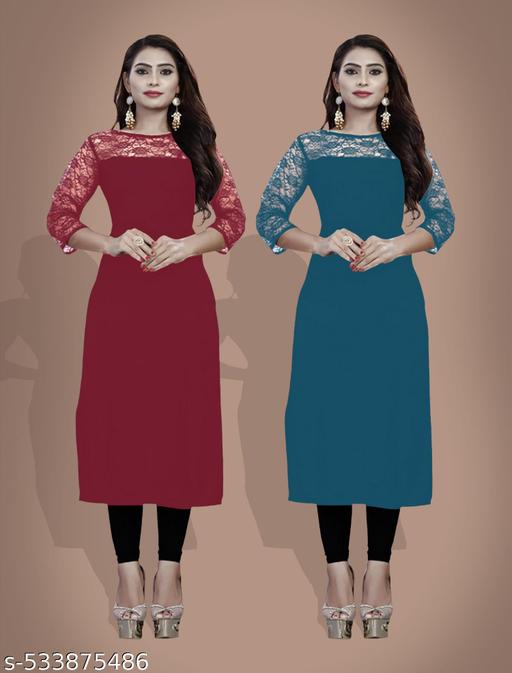 Casual American Crepe And Rasal Net Round Neck 3/4 Sleeves Stylish Pack Of 2 Kurtis For Womans (45"Inches)