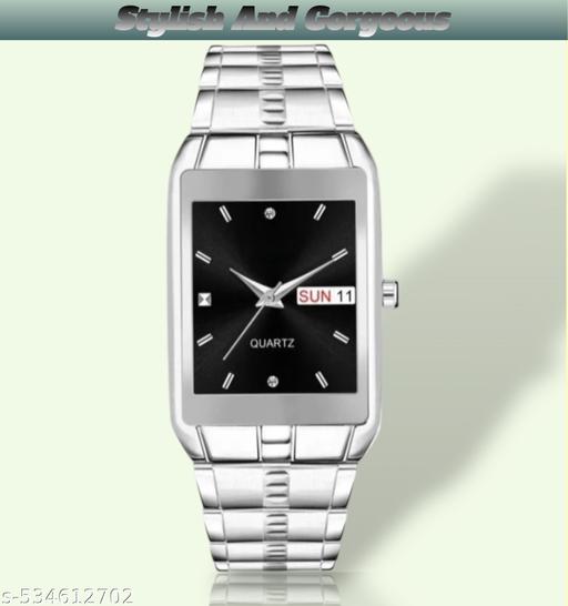V&K Emporium.  Men's Silver rectangular wristwatch withe Date And Day.Stylish And Gorgeous.Looks.