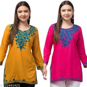This is a very good and beautiful product. This fabric is also soft. This short kurti is good for summer. It is made of Kashmiri work_ Mustard_Pink