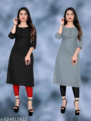 Plain Ethnic Pack of 2 American Regular Fit Kurta Round Neck New Stylish Casual Crepe Fabric Kurti For Women