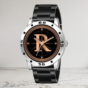 Welix Analog Round Black Dial ALPHABET R Design Stylish Black PU Strap Classic Design Fancy Wrist Watch for Men and Boys, Pack of 1 - ALPHA-R-AVO-SIL-CDBLK