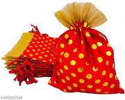 3A FEATURETAIL 13Cm X 18Cm 10pc Red Color Golden Polka Dot Small Drawstring Bags Pouches Potli For Gift, Jewelry, Dryfruits & Candy