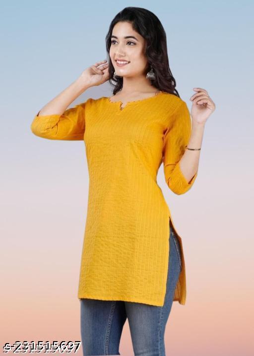Sudhi Womens Pintucks Solid Short Kurti Yallow