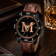 Prathshya Analog Round Black Dial ALPHABET M Design Stylish Brown Leather Strap Classic Design Fancy Wrist Watch for Men and Boys, Pack of 1 - ALPHA-M-AVO-BLK-BRW-CHL