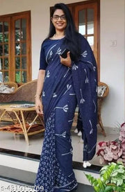NEW SUMMER HAND BLOCK PRINTED COTTON MULMUL SAREE WITH UNSTITCHED BLOUSE PIECE