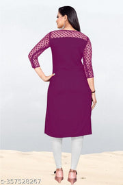Casual American Crepe And Net Round-Neck 3/4 Length Sleeves Wine Kurti (42"Inches)