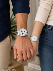 Silver Analog Watch For Men & Women Couple Pair Stainless Steel Stylish