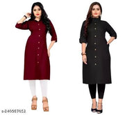 Trendy Attractive Traditional Women Solid A-Line Kurtis With Mandarin Collar,Show Button & Pocket (Pack of Two - Maroon & Black, Fits for Christmas Day & New Year 2026 Celebration)