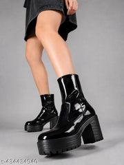 STRASSE PARIS | Women's Glossy Black Patent High-Ankle Platform Boots | Side Zipper Chunky Block Heel Lug Sole Boots for Girls
