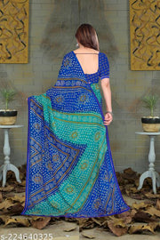 Blue bandhani saree with Lace Border, Comfortable Georgette Printed Daily Wear Saree with unstitched Blouse Piece, New Arrival Latest saree, Trending Saree