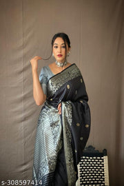 Embellished Trendy Soft Banarasi Silk Saree With Admirable Blouse Piece