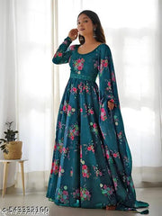 Ledies Stylish Fancy Trendy Printed Poly Georgette Maxi Flared Gown For Women For Party Wedding Festival Functions very comfortable