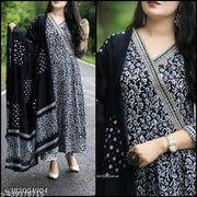 Black Premium Printed Designer Anarkali Embroidery Women Rayon Kurta With Pant And Cotton Dupatta