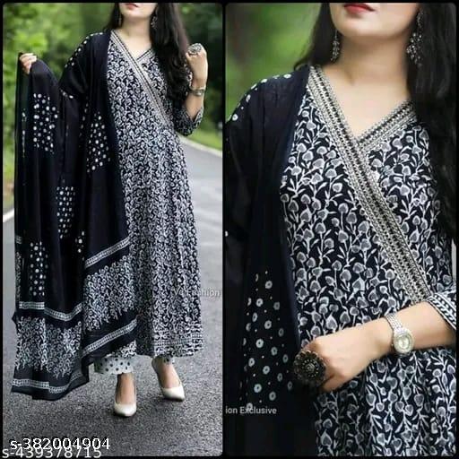 Black Premium Printed Designer Anarkali Embroidery Women Rayon Kurta With Pant And Cotton Dupatta