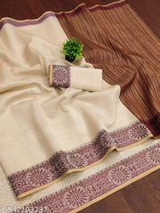 Top trending latest simple plain party wear/wedding Women's Jacquard Weaving Plain Beige Cotton Silk Saree with Maroon Border | Elegant Ethnic Party Wear Saree