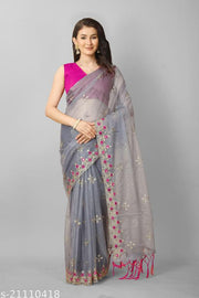 Luxury Soft Net Ethnic Saree with Golden Thread Embroidery, Designer Mirror Work Floral Border and Matching Blouse Piece for Women