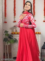 NIVA TEX Trending Embrodired Printed Georgette Gown With Dupatta Set RED