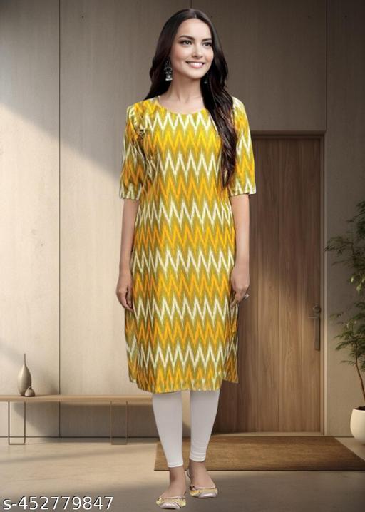 Casual American Crepe Round-Neck 3/4 Length Sleeves Geometric Printed Straight Yellow  Kurti (45"Inches)