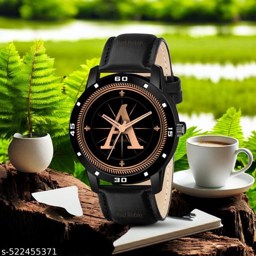 MAVIA WATCHESAnalog Round black Dial ALPHABET A Design Stylish black Strap Classic Design Fancy Watch for Men and Boys, Pack of 1 ALPHABET A-AVO-BLK-L-1