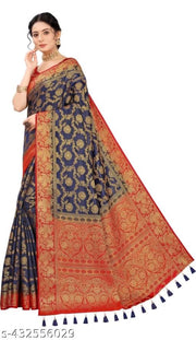 NEW BANARASI SILK SAREE WITH UNSTICHED TASSELS & LATKAN
