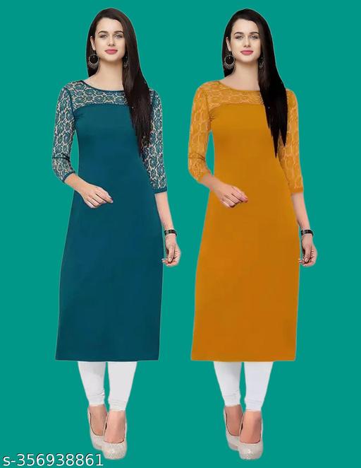 Pack of 1 Casual American Crepe And Net Round-Neck 3/4 Length Sleeves Rama & Yellow Kurti (42"Inches)