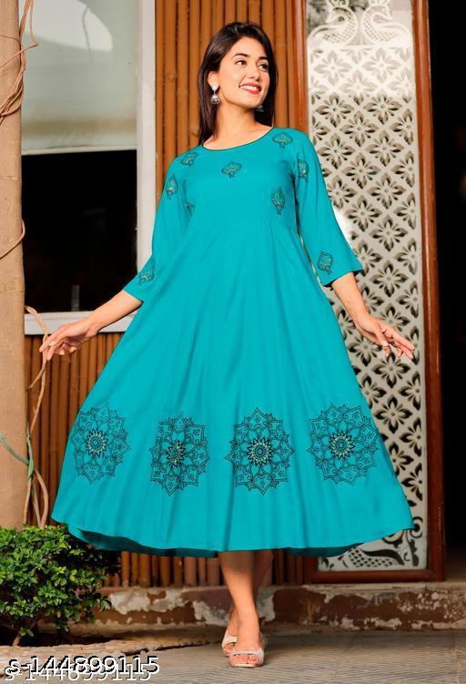 Women's Rayon Hand block Printed Long Flair Green Anarkali Kurti