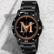 Natrix Analog Round Black Dial ALPHABET M Design Stylish Black Silicone Strap Classic Design Fancy Wrist Watch for Men and Boys, Pack of 1 - ALPHA-M-AVO-BLK-CDBLK