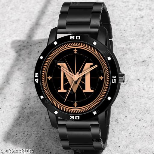 Natrix Analog Round Black Dial ALPHABET M Design Stylish Black Silicone Strap Classic Design Fancy Wrist Watch for Men and Boys, Pack of 1 - ALPHA-M-AVO-BLK-CDBLK