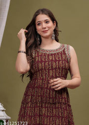 Flared Kurta Beautiful Sleeveless Ethnic Wear Trendy Anarkali Kurta Gown round Neck mirror work Embroidered ethnic Gown
