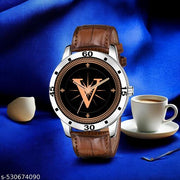 Femeo   Analog 9293  Watches Round Black Dial V Design Stylish Brown Leather Strap Classic Design Fancy Wrist Watch for Men and Boys, Pack of 1 - A07ZALPHA-V-AVO-SIL-DBRW-CRL