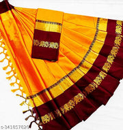 Mira Pattu Cotton Silk Saree With Running Blouse Piece (Chiku & Brown)