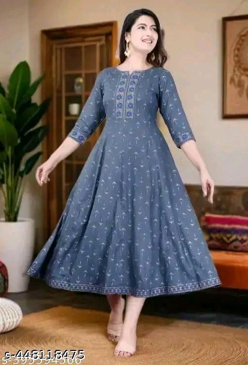 Women  Print Viscose Rayon Anarkali Kurti in party wear (Grey Patta )