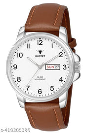 RUSTET Analog New Track Number Dial Day Date Functioning Leather Strap Watch for Men