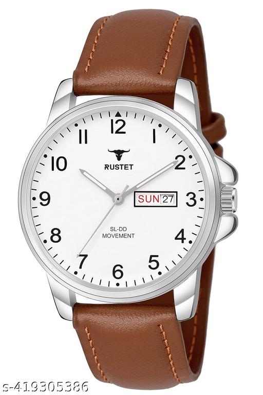 RUSTET Analog New Track Number Dial Day Date Functioning Leather Strap Watch for Men