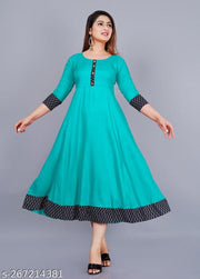 Stylist Women's Solid Printed Round Pleated Flared Kurti (Aqua Blue)