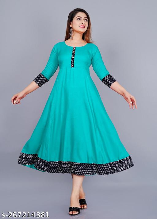Stylist Women's Solid Printed Round Pleated Flared Kurti (Aqua Blue)