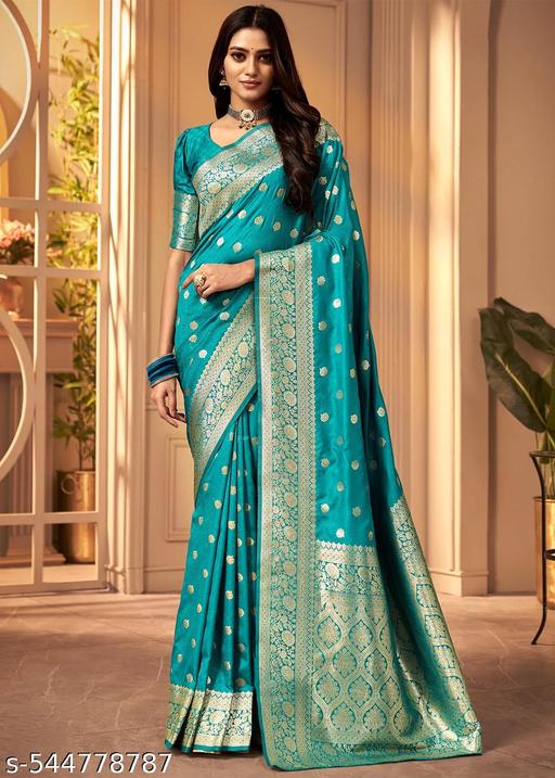 Women's Kanjivaram Soft Banarasi Silk Saree With Blouse Piece Firozi