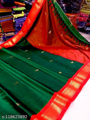 Paithani Cotton Silk Green Tassels and Latkans Saree With blouse
