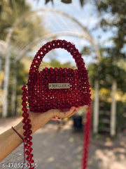 Women's Maroon Crystal Beaded Handbag | Luxury Handmade Acrylic Bead Purse with Top Handle & Detachable Shoulder Strap | Stylish Party, Wedding, Evening, Bridal & Festive Mini Tote Bag for Women & Girls