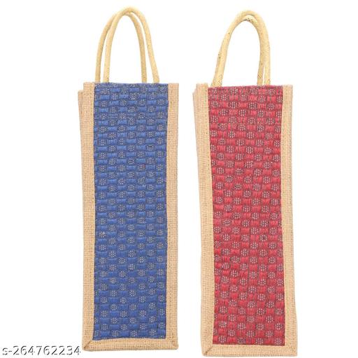 Jute Water Bottle Bag with Handles (Blue and Red) - Pack of 2