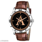 Prathshya Analog Round Black Dial ALPHABET A Design Stylish Brown Leather Strap Classic Design Fancy Wrist Watch for Men and Boys, Pack of 1 - ALPHA-A-AVO-SIL-BRW-CHL