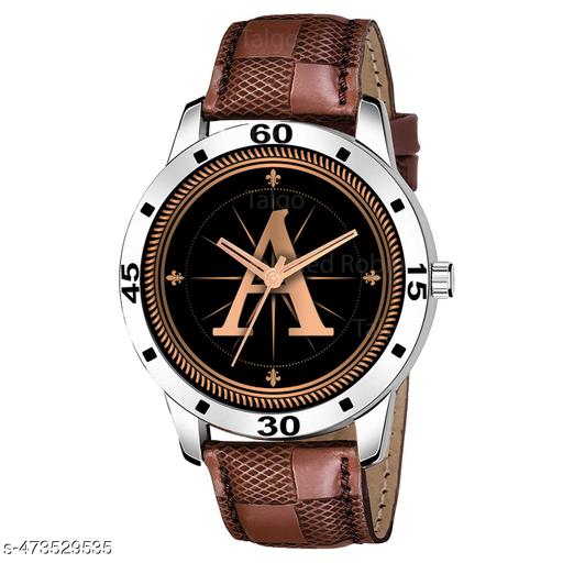 Prathshya Analog Round Black Dial ALPHABET A Design Stylish Brown Leather Strap Classic Design Fancy Wrist Watch for Men and Boys, Pack of 1 - ALPHA-A-AVO-SIL-BRW-CHL