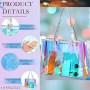 PROUDME Holographic Travel Tote Bag, Waterproof, Zipper Closure, Women's Shopping Handbag Organiser, Shoulder Bag, Women's Tote Bag, Color Changing Bag Purse For Girls (Silver)