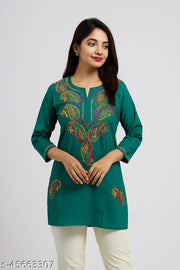 Trendy Petite chikankari handwork embroidered multi thread green short cotton Kurtis