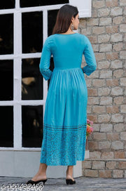 Women's Rayon Hand block Printed Long Flair Sky Blue Anarkali Kurti