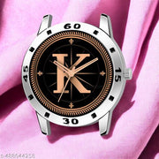 Welix Analog Round Black Dial ALPHABET K Design Stylish Black Leather Strap Classic Design Fancy Wrist Watch for Men and Boys, Pack of 1 - ALPHA-K-AVO-SIL-BLK-L