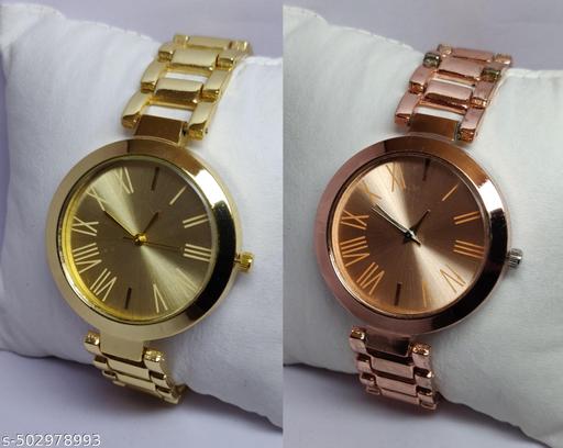 New Arrivals Festive Seasonal Stylish Throns Fit Round Ad Solid Gold Dial Metal Chain Belt Analog Watch with Attractive Diamond Studded Bracelet Combo for Women & Girls.