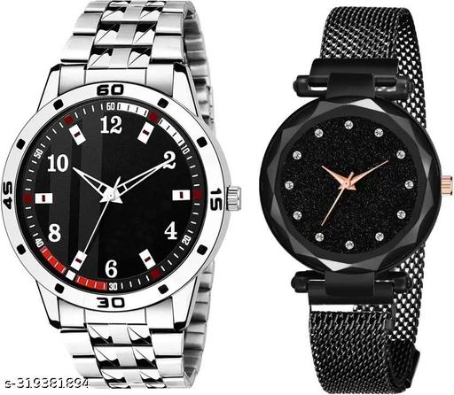 Back Analog Watch For Men & Women Combo of 2 Watches for Classic New Arrival Stainless Steel and Metal Watches for couple Magnetic Luxrious Mesh Watch for Girls