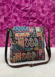 Classic Women Blue PU sling bag/Cotton Fabric sling bags for women/Full handwork bag/Party wear and wedding bag for women