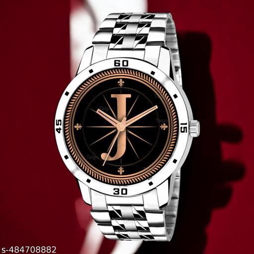 Talgo Analog Round Black Dial ALPHABET J Design Stylish Silver Stainless Steel Strap Classic Design Fancy Wrist Watch for Men and Boys, Pack of 1 - ALP-J-AVO-SIL-STL